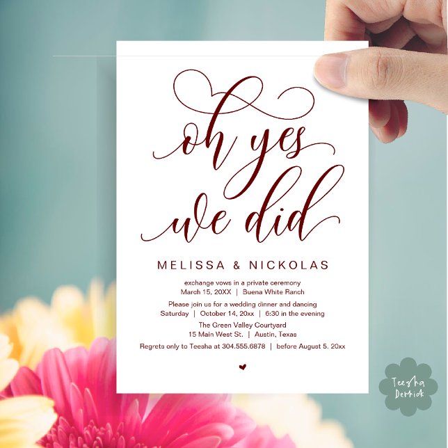 Ja, det gjorde vi, Romantisk vigsel bröllopsfest Inbjudningar (Oh Yes, We Did, Romantic Modern Script Wedding Elopement Party Invitation Card PDF Burgundy Red)