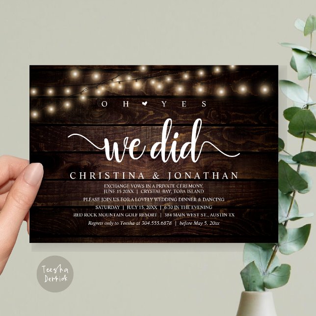 Ja, det gjorde vi, Rustic Bröllop Middag Elopement Inbjudningar (Oh Yes, We Did, Rustic Wedding Dinner Elopement Invitation card, pdf, in cottage dark wood)