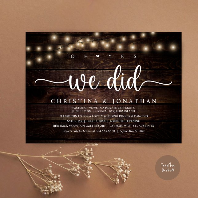 Ja, det gjorde vi, Rustic Bröllop Middag Elopement Inbjudningar (Oh Yes, We Did, Rustic Wedding Dinner Elopement Invitation card, pdf, in cottage dark wood)