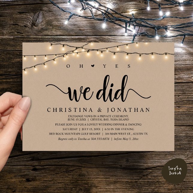 Ja, det gjorde vi, Rustic Bröllop Middag Elopement Inbjudningar (Oh Yes, We Did, Rustic Wedding Dinner Elopement Invitation Card, PDF, String Lights Brown Kraft)