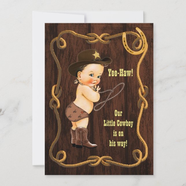 Ja-Haw! Brunette Cowboy Rustic Baby Shower Inbjudningar (Framsida)