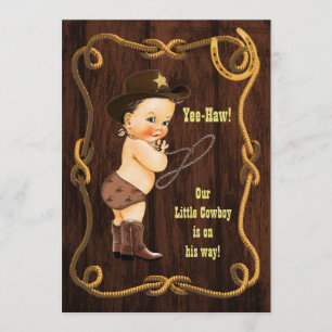 Ja-Haw! Brunette Cowboy Rustic Baby Shower Inbjudningar