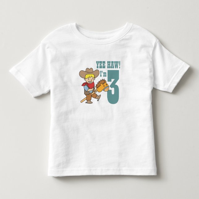 Ja, Haw! Jag är 3 med Lycklig och Cute Cowboy Tee (Framsida)