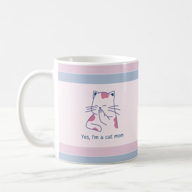 Ja, jag är Cat Mamma Rosa & Blue Stripe Kaffemugg (Vänster)