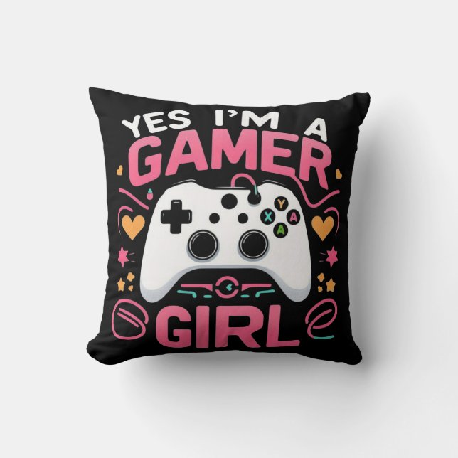 Ja jag är en gamer tjej: Rosa & Vit kontroll Kudde (Framsida)
