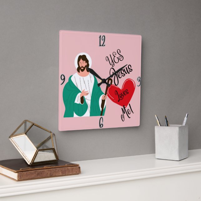 "Ja, Jesus älskar mig" Rosa fyrkantig klocka (Kontor)