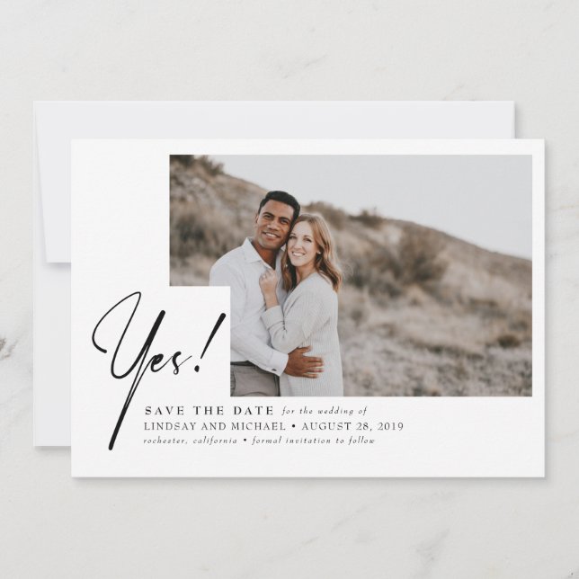 Ja - Lustigt och modernt Spara datumfoto Spara Datumet (Framsida)