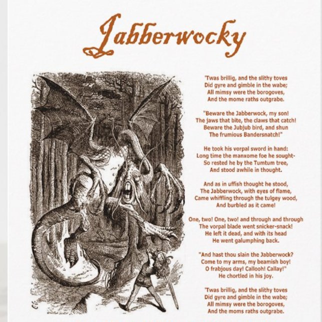 Jabberwocky Dikt by Lewis Carroll (Black Adder) Kort (Lewis Carroll's fantastic Jabberwocky poem along with John Tenniel's drawing of the Jabberwock)