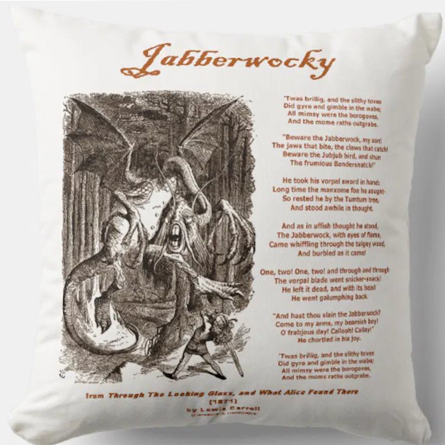 Jabberwocky Dikt by Lewis Carroll (Black Adder) Kudde (Lewis Carroll Jabberwocky poem & John Tenniel drawing on this Wonderland attitude throw pillow)
