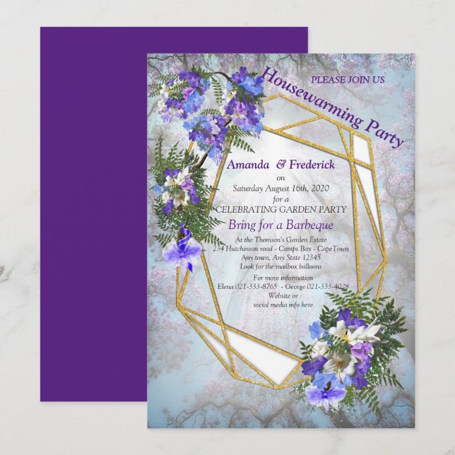 Jacaranda Blooms & Lily Bouquet Party Inbjudningar (Fram/baksida)