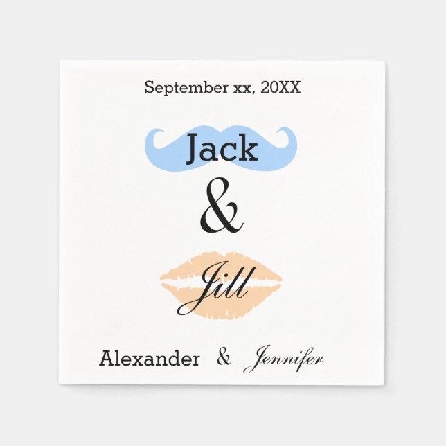 Jack & Jill Party Mustache & Kiss Napkins Pappersservett (Framsidan)