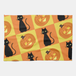 Jack-o’-lantern and cat kitchen towel. kökshandduk