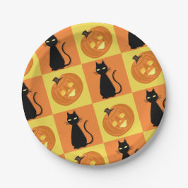 Jack-o’-lantern and cat paper plates.