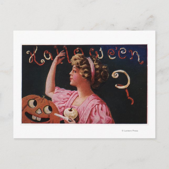 Jack-O-Lantern by Woman Peeling Apple Vykort (Framsida)