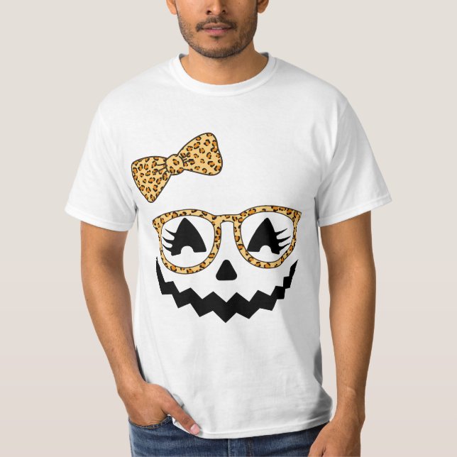 Jack O Lantern Face Pumpkin Halloween Leopard Prin T Shirt (Framsida)