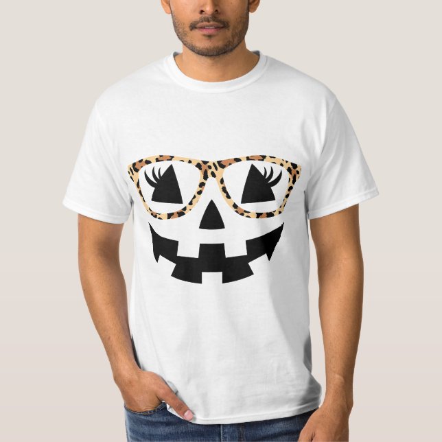 Jack O Lantern Face Pumpkin Hallowen Leopard Print T Shirt (Framsida)
