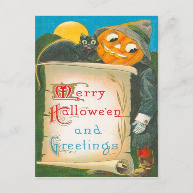 Jack O Lantern Fågelskrämma Svart Katt Vykort (Framsida)