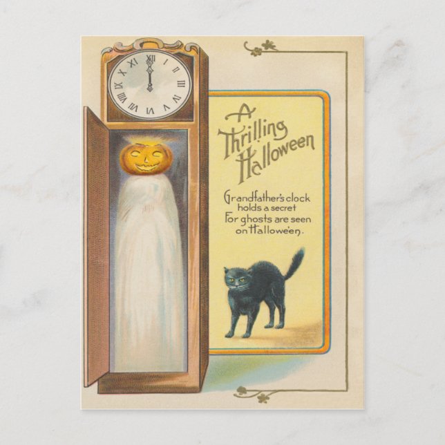 Jack o lantern Ghost Black Cat Grandfather Clock Vykort (Framsida)