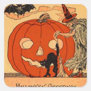 Jack O Lantern Häxa Svart Katt Fladdermus Vintage Fyrkantigt Klistermärke