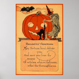 Jack O Lantern Häxa Svart Katt Fladdermus Vintage Poster