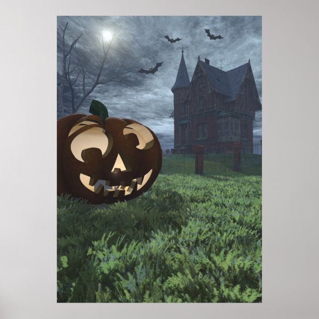 Jack-O-Lantern och Haunted House Halloween Poster (Framsidan)