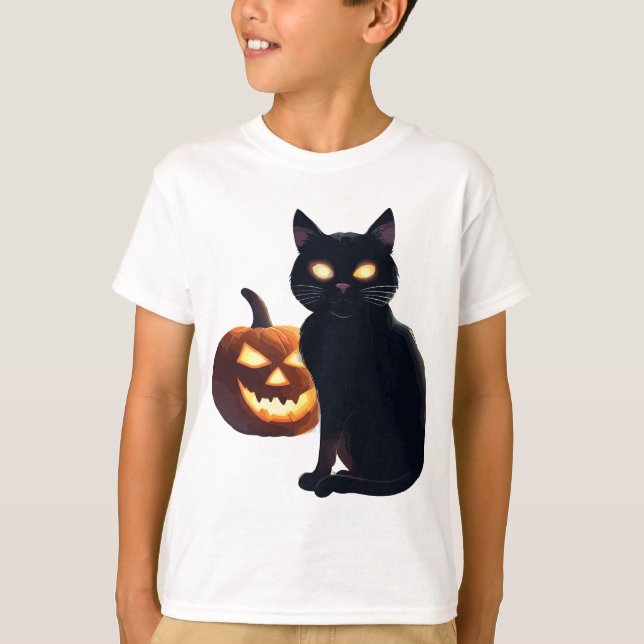 Jack-o-lantern och svart katt för Halloween T Shirt (Framsida)