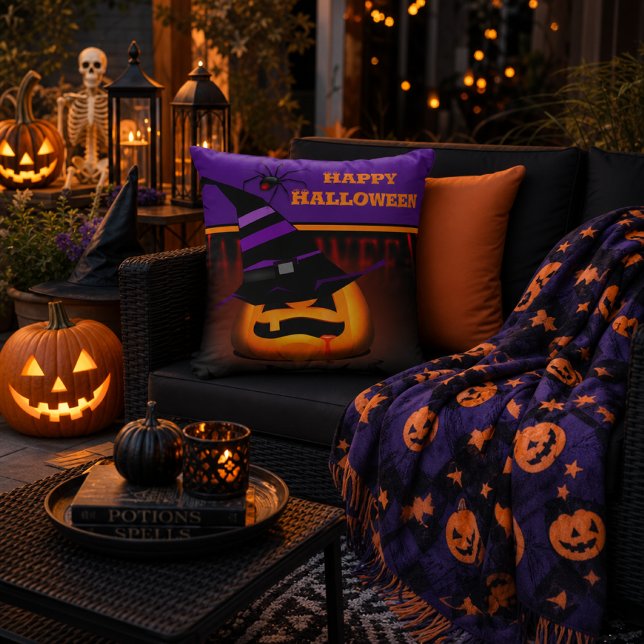 Jack O Lantern Pumpa Halloween Lila Häxa Hatt Kudde (Skapare uppladdad)