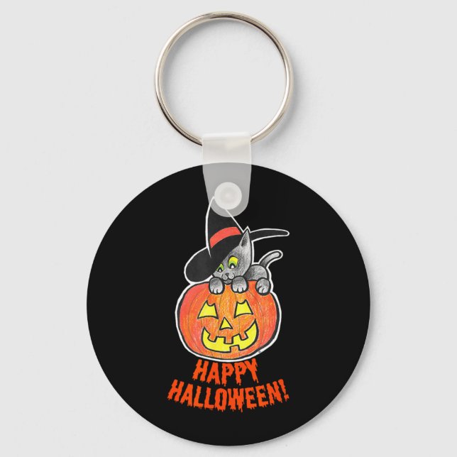 Jack-O-Lantern Pumpa Svart Katt Halloween Nyckelring (Framsida)