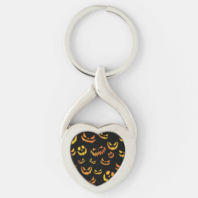 Jack o lantern Pumpkin Ansikte Twisted Heart Silverfärgad Nyckelring (Framsidan)