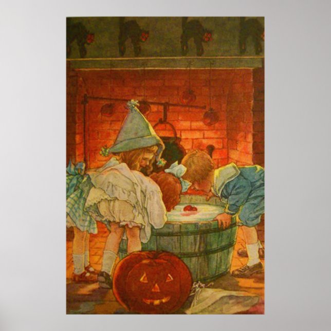 Jack o lantern Pumpkin Bobning Apple Black Cat Poster (Framsidan)