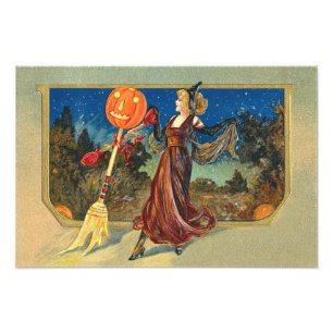 Jack o lantern Pumpkin Broom Dance Woman Fototryck