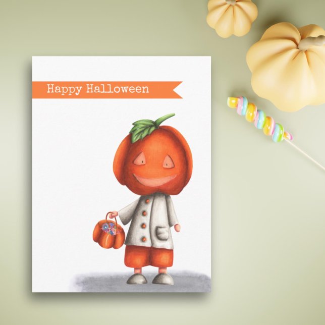 Jack o lantern Pumpkin Head Boy Happy halloween Vykort (Cute Kids Jack O Lantern Pumpkin Head Halloween Postcard by Kinda Cute by Patricia Alvarez)