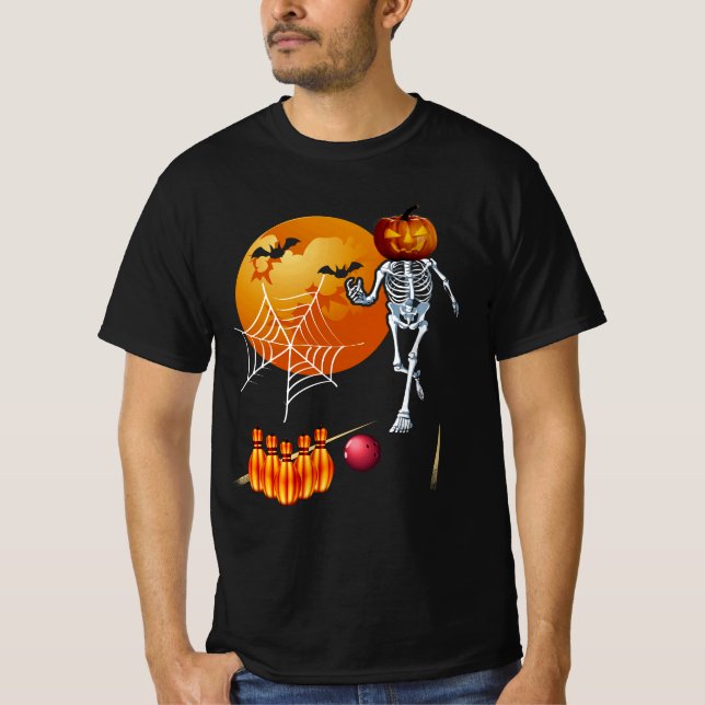 Jack o lantern Pumpkin Skeleton Spela Bowling Ha T Shirt (Framsida)