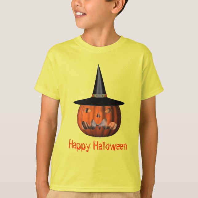 Jack o lantern Pumpkin Witch Hat Halloween T Shirt (Framsida)