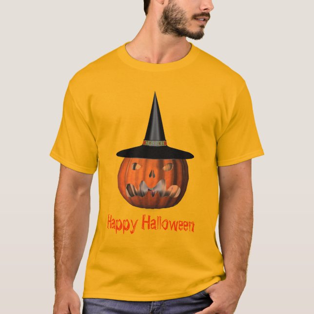 Jack o lantern Pumpkin Witch Hat Halloween Tee Shirt (Framsida)