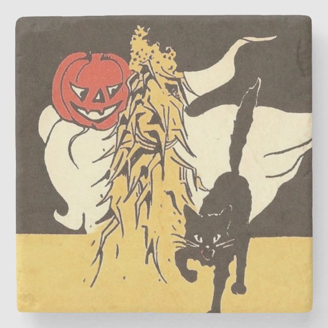 Jack O' Lantern Spökguldkatt Majsstrå Stenunderlägg (Framsidan)