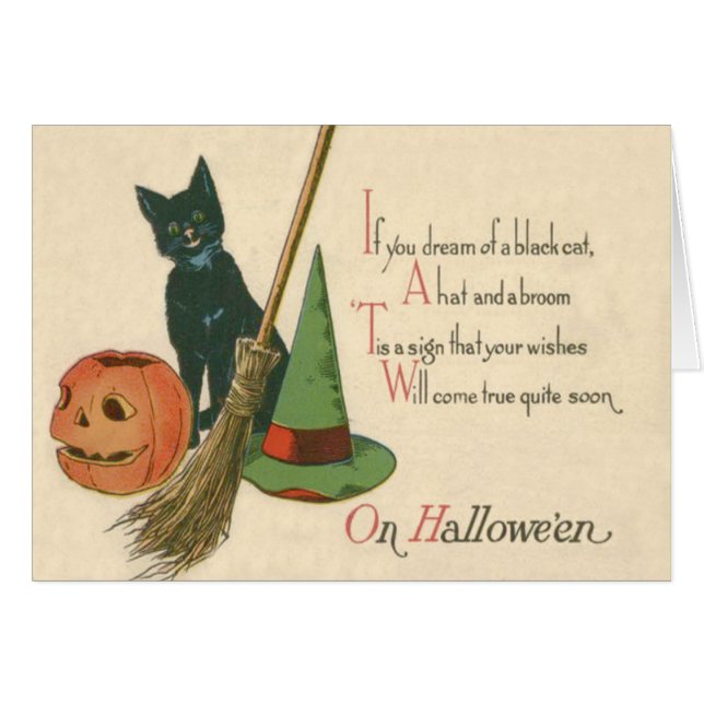 Jack O' Lantern Svart Katt Häxhatt Sopborste Hälsningskort (Framsidan Horizontal)