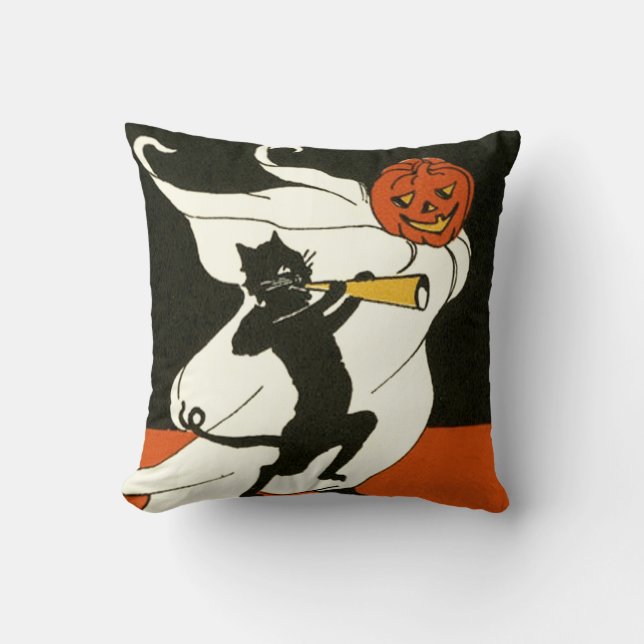 Jack O' Lantern Svart Katt Spökhorn Kudde (Framsida)