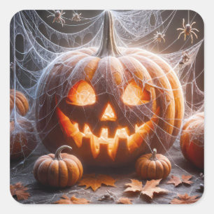Jack-o-lantern Täckt Med Spindelnät Fyrkantigt Klistermärke