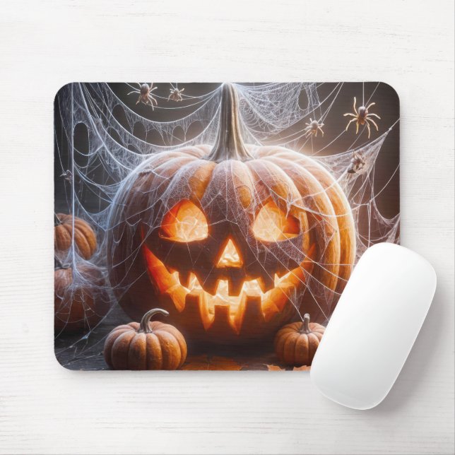 Jack-o-lantern Täckt Med Spindelnät Musmatta (Med mus)