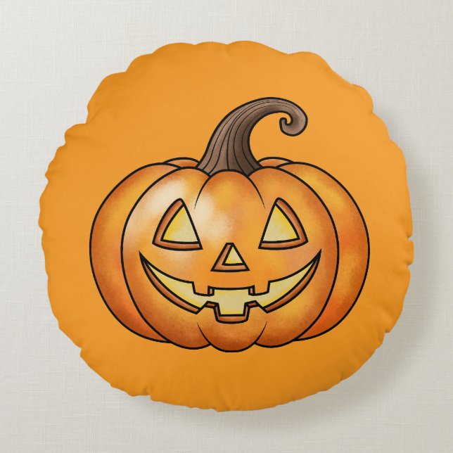 Jack O Lantern Tecknad Pumpa Orange Halloween Rund Kudde (Framsidan)