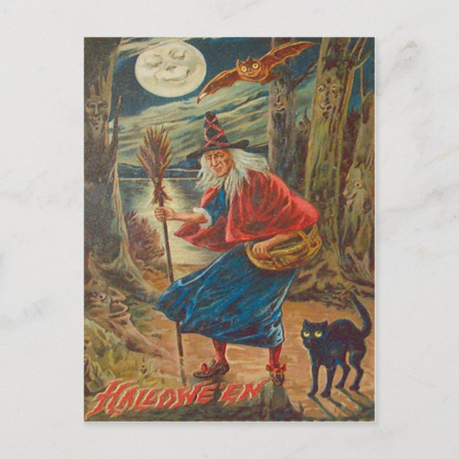 Jack o lantern Witch Black Cat Fladdermus Måne Vykort (Framsida)