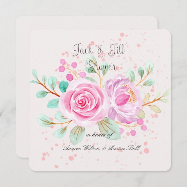 Jack och Jill Möhippa VattenfärgsRosa ros Inbjudningar (Fram/baksida)