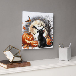 Jack O'Lantern and Black Cat Halloween Wall Clock Fyrkantig Klocka