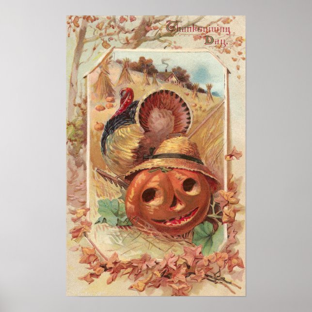 Jack O'Lantern and Turkey Vintage Thanksgiving Poster (Framsidan)