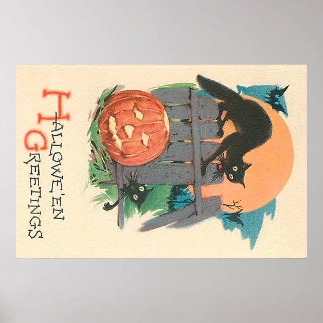 Jack O'Lantern Black Cat Fladdermus Full Moon Poster (Framsidan)