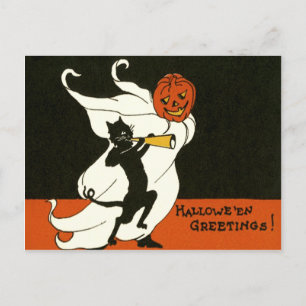 Jack O'Lantern Black Cat Ghost Horn Vykort