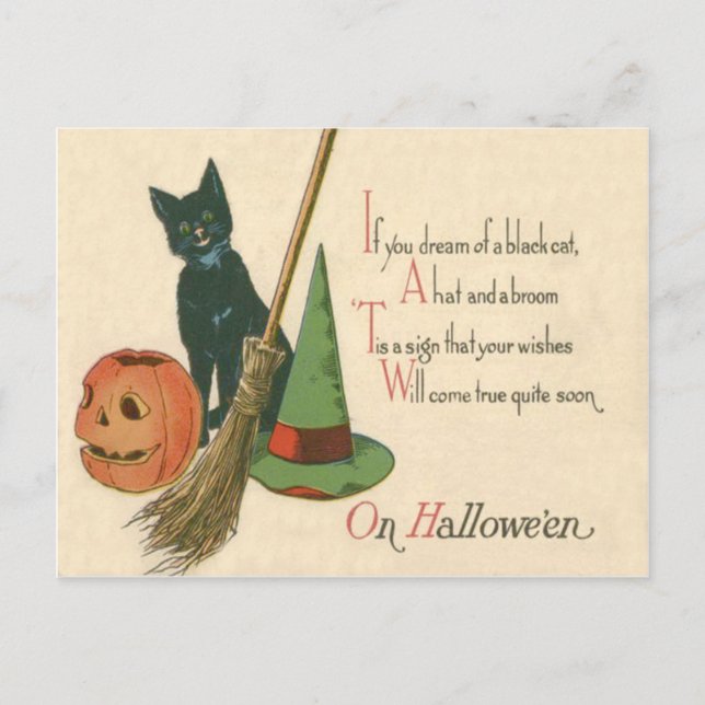 Jack O'Lantern Black Cat Witch's Hat Broom Vykort (Framsida)