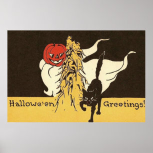 Jack O'Lantern Ghost Black Cat Cornstalk Poster