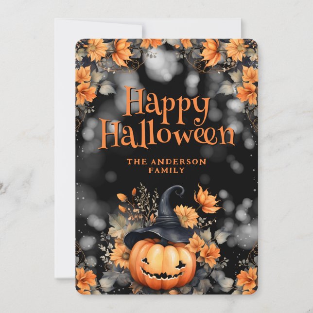 Jack O'Lantern Hat Blommigt Photo Halloween Card Julkort (Framsida)
